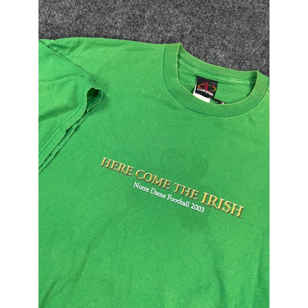 2003 Notre Dame Here Come The Irish Football T Shirt 2XL Green Graphic NCAA
